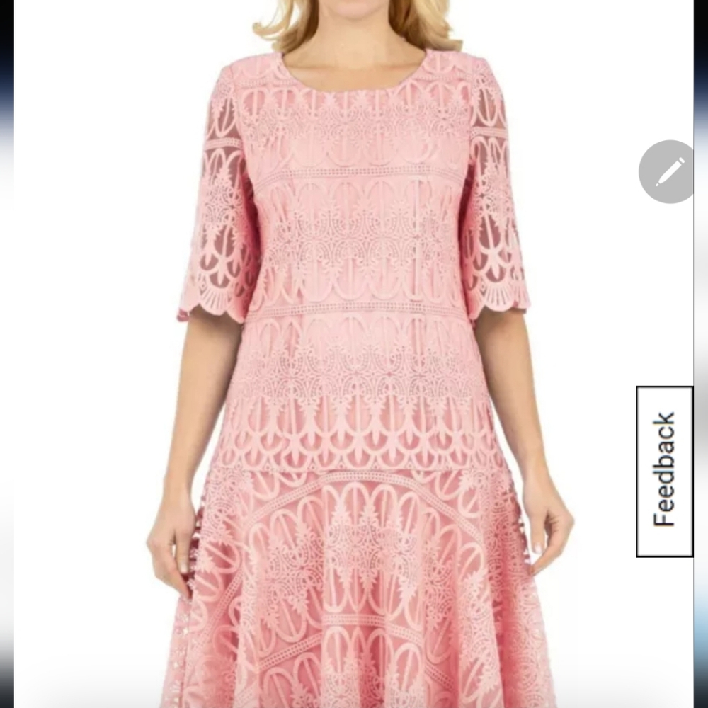 NWT Giovanna 16 Pink Embroidered Lace Flare Dress Elbow Sleeve